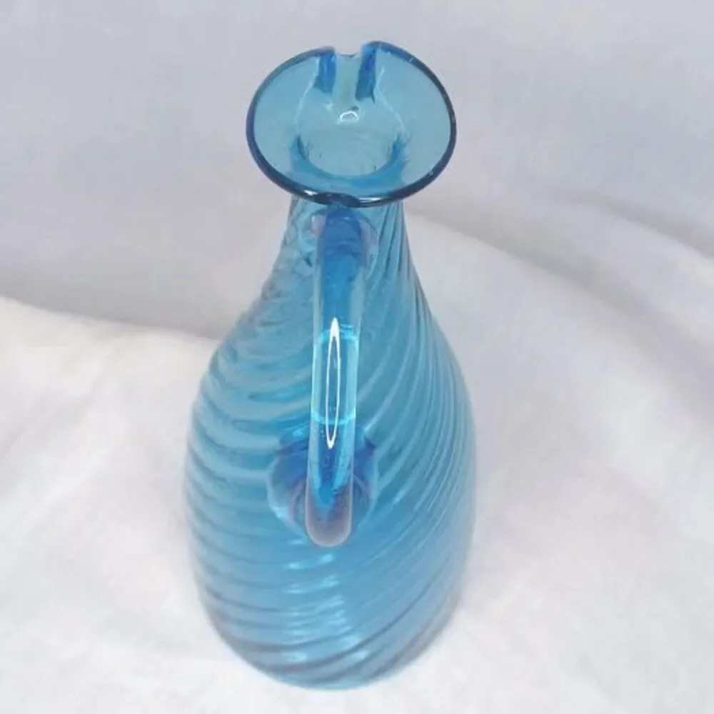 Handblown Italy 8 inch Swirl Blue Art Glass Carafe Ewer Cruet
